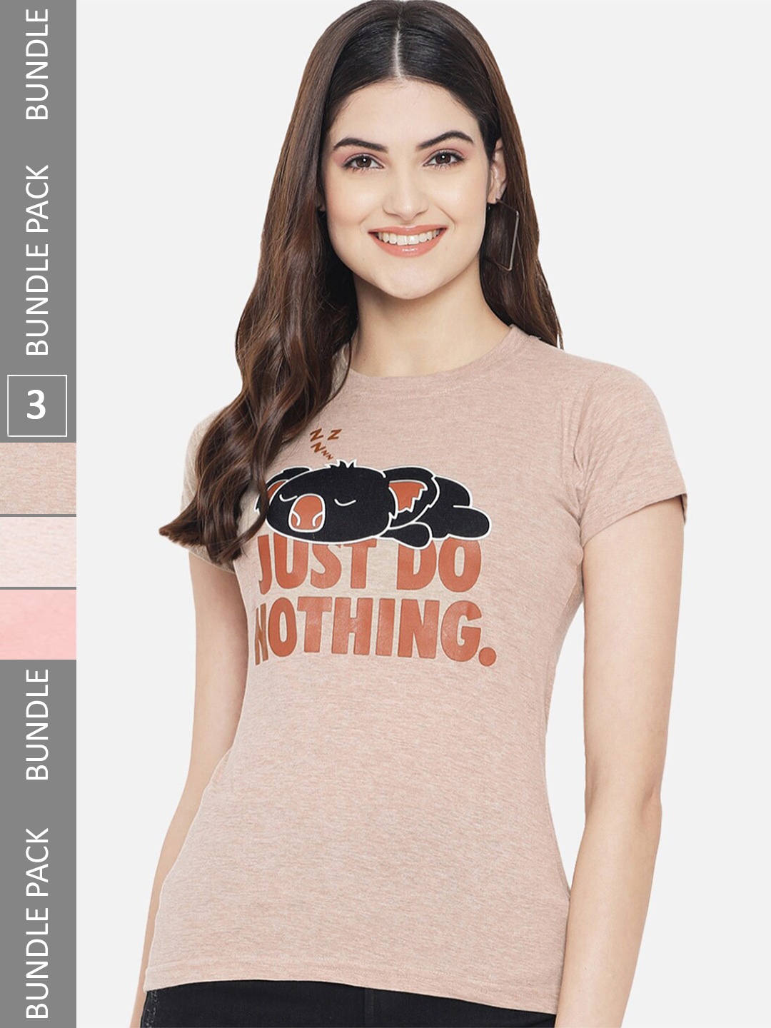 Fabflee Pack of 3 Typography Printed Cotton T-shirt, Beige
