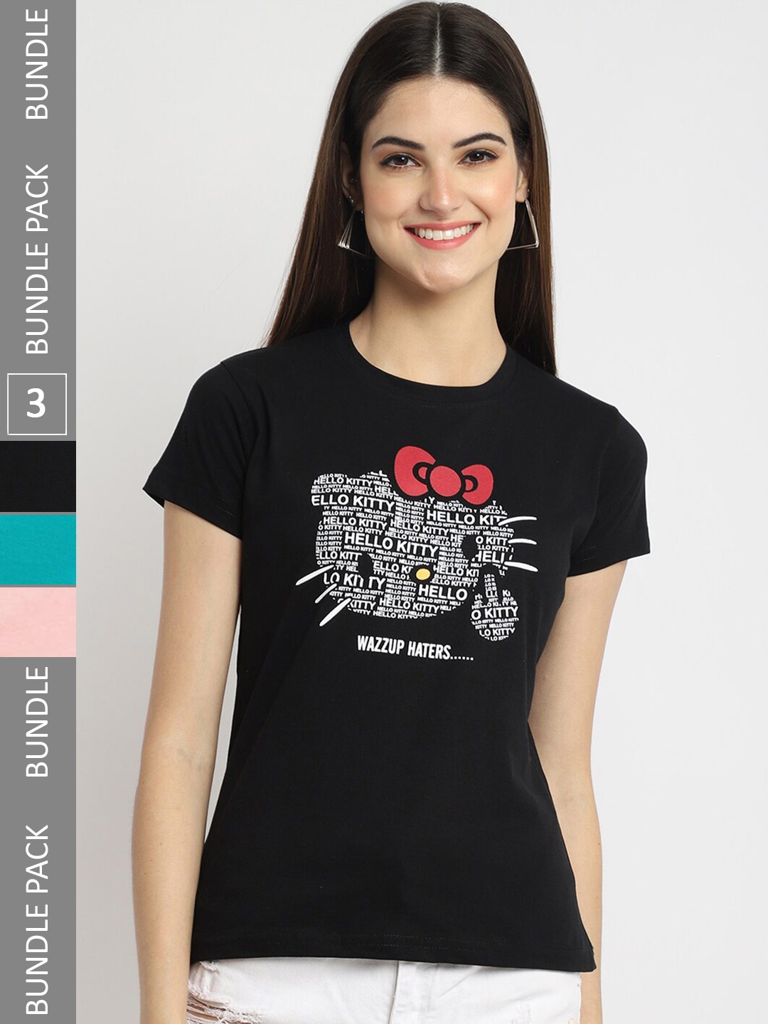 

Fabflee Pack of 3 Printed Cotton T-shirt, Black