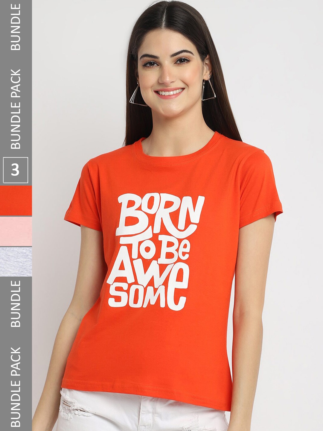 

Fabflee Pack Of 3 Typography Printed Cotton T-shirt, Orange