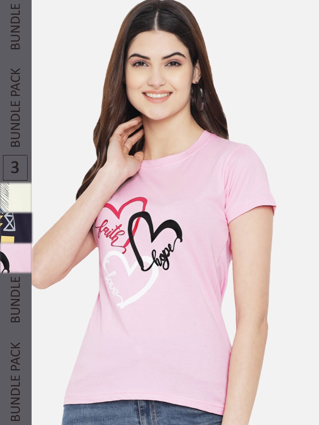 

Fabflee Pack Of 3 Typography Printed Round Neck Casual Knitted Cotton T-shirts, Pink
