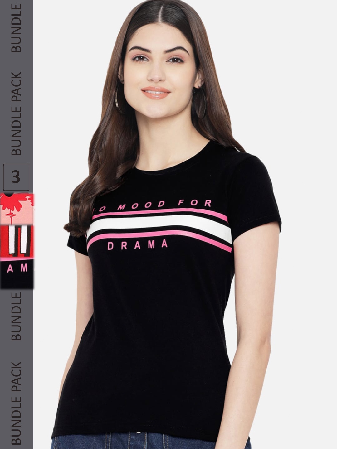 Fabflee Pack Of 3 Printed Round Neck Cotton T-shirts, Black