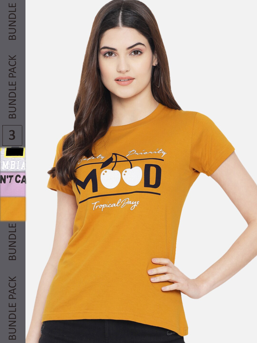 

Fabflee Pack Of 3 Typography Printed Cotton T-shirts, Mustard
