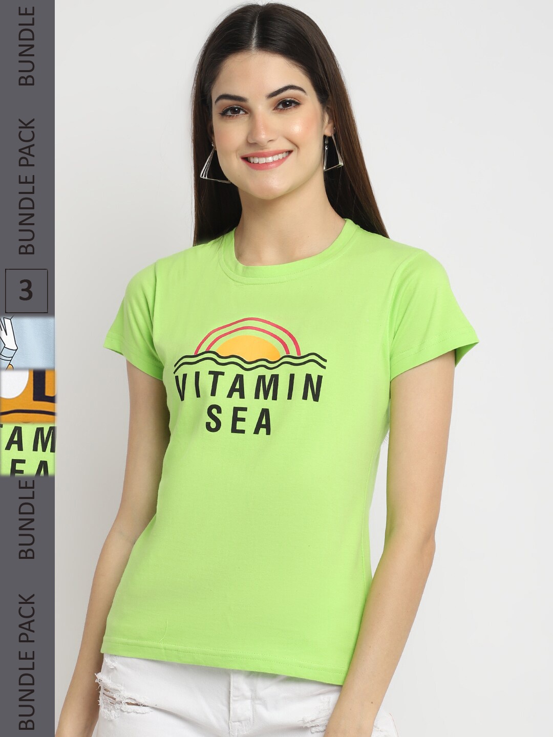 Fabflee Pack of 3 Printed Cotton T-shirts, Lime green