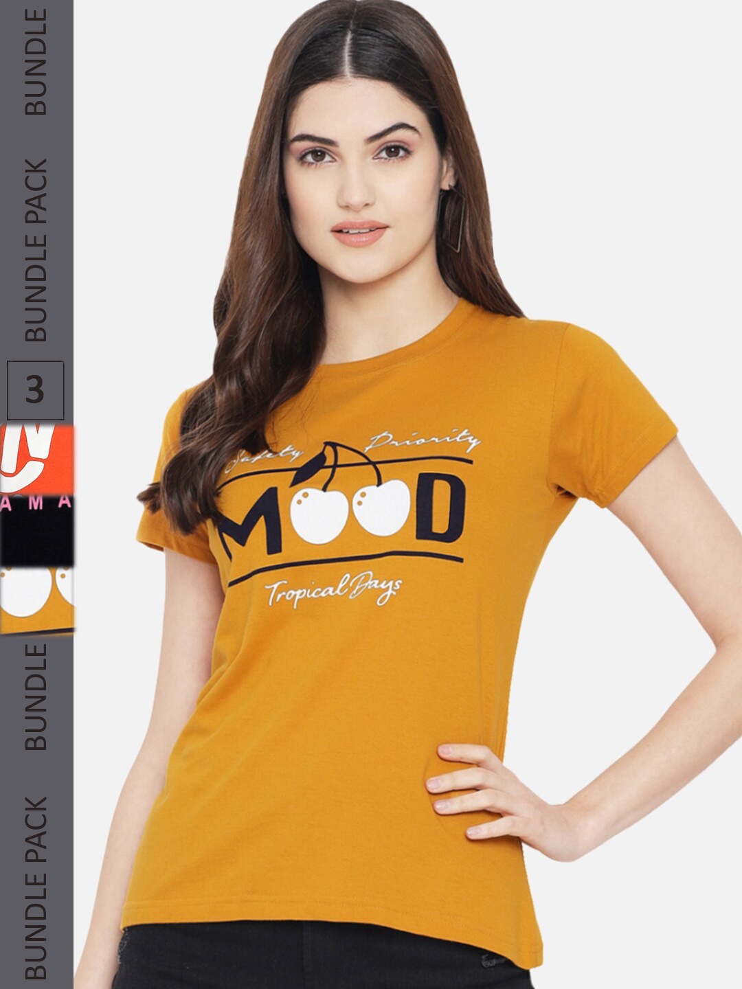 

Fabflee Pack of 3 Typography Printed Cotton T-shirts, Mustard