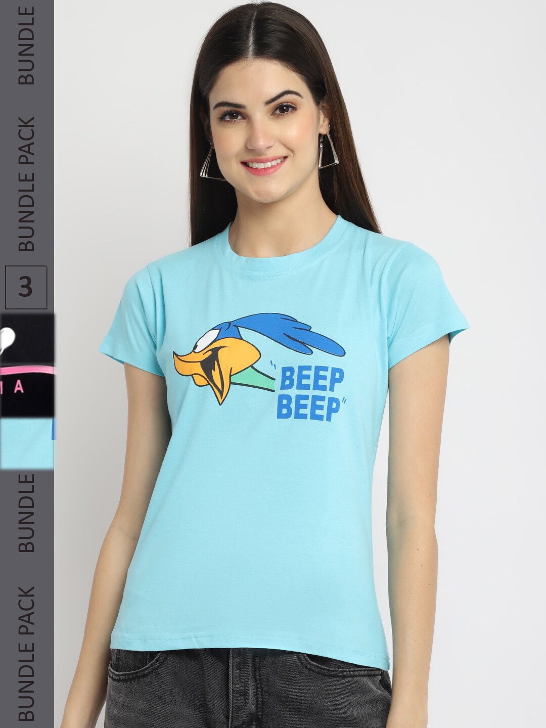 Fabflee Pack of 3 Printed Knitted Cotton T-Shirt, Blue