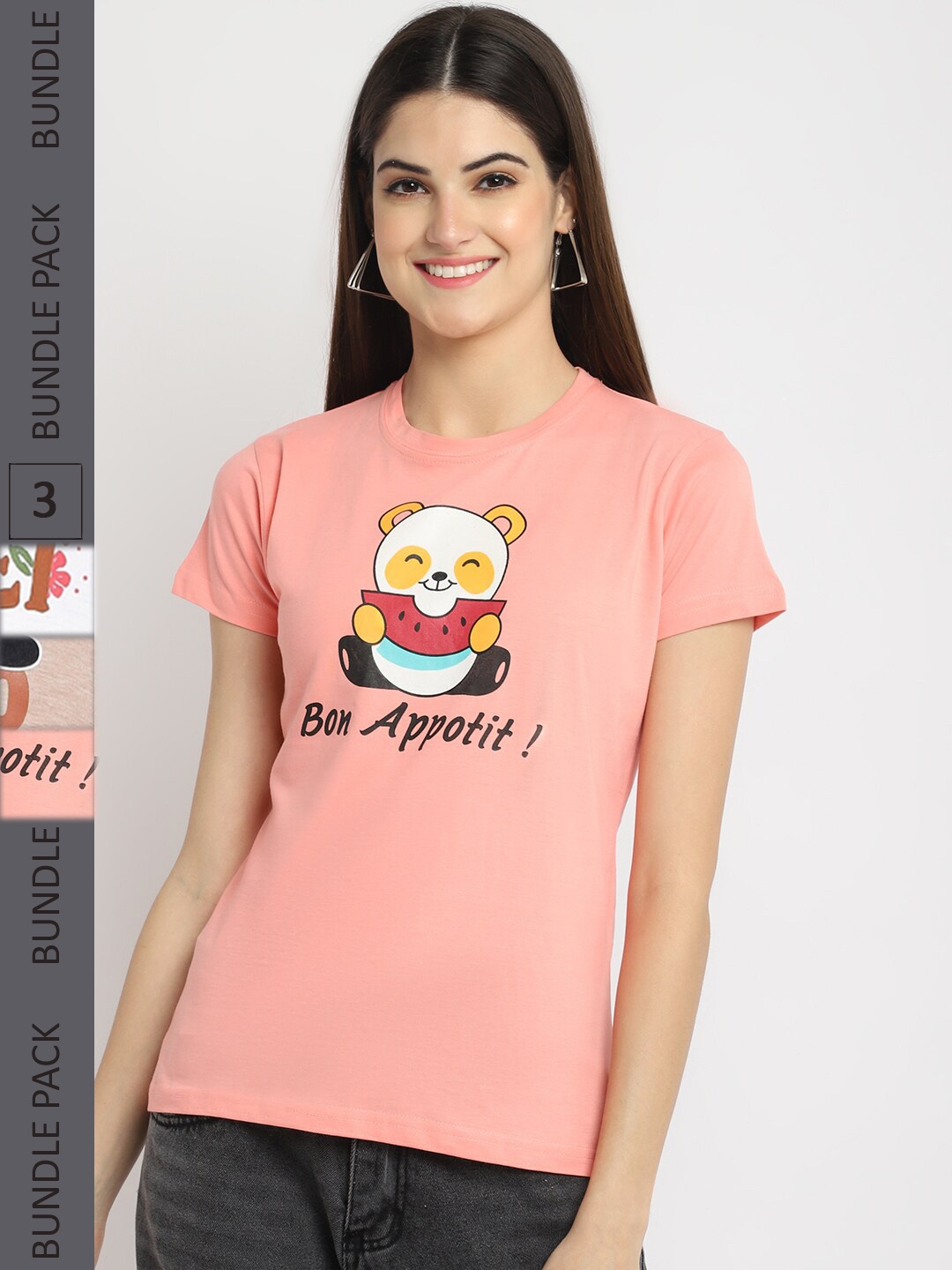 

Fabflee Pack Of 3 Printed Cotton T-shirts, Peach