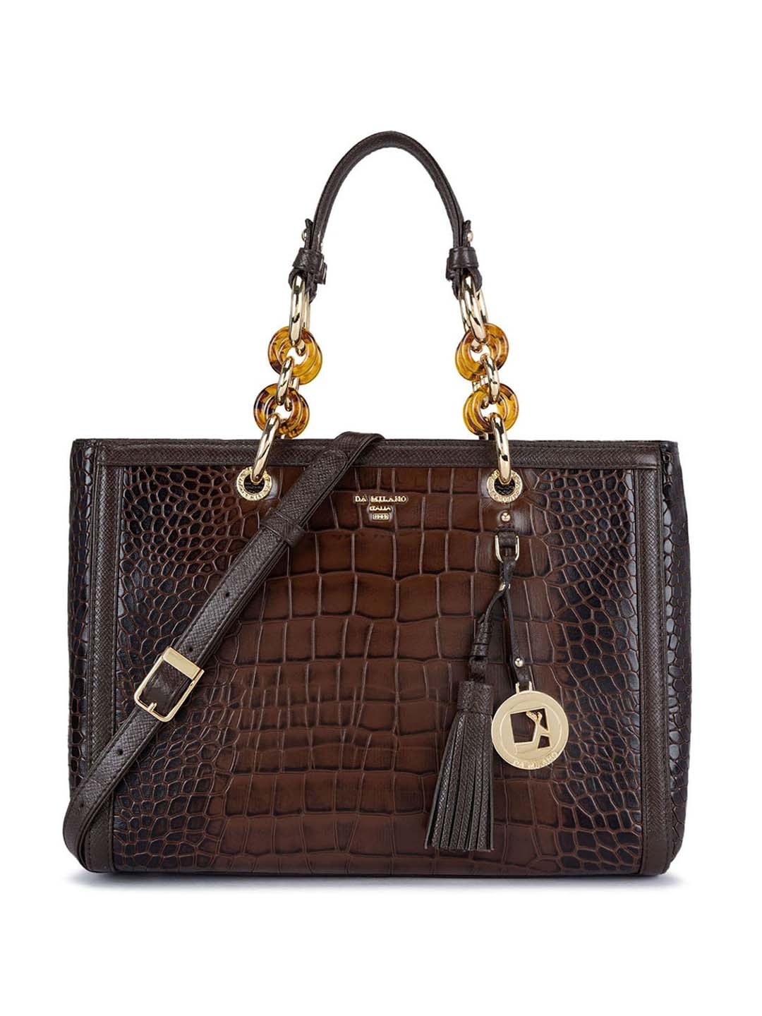 

Da Milano Textured Leather Structured Handheld Bag with Tasselled, Brown