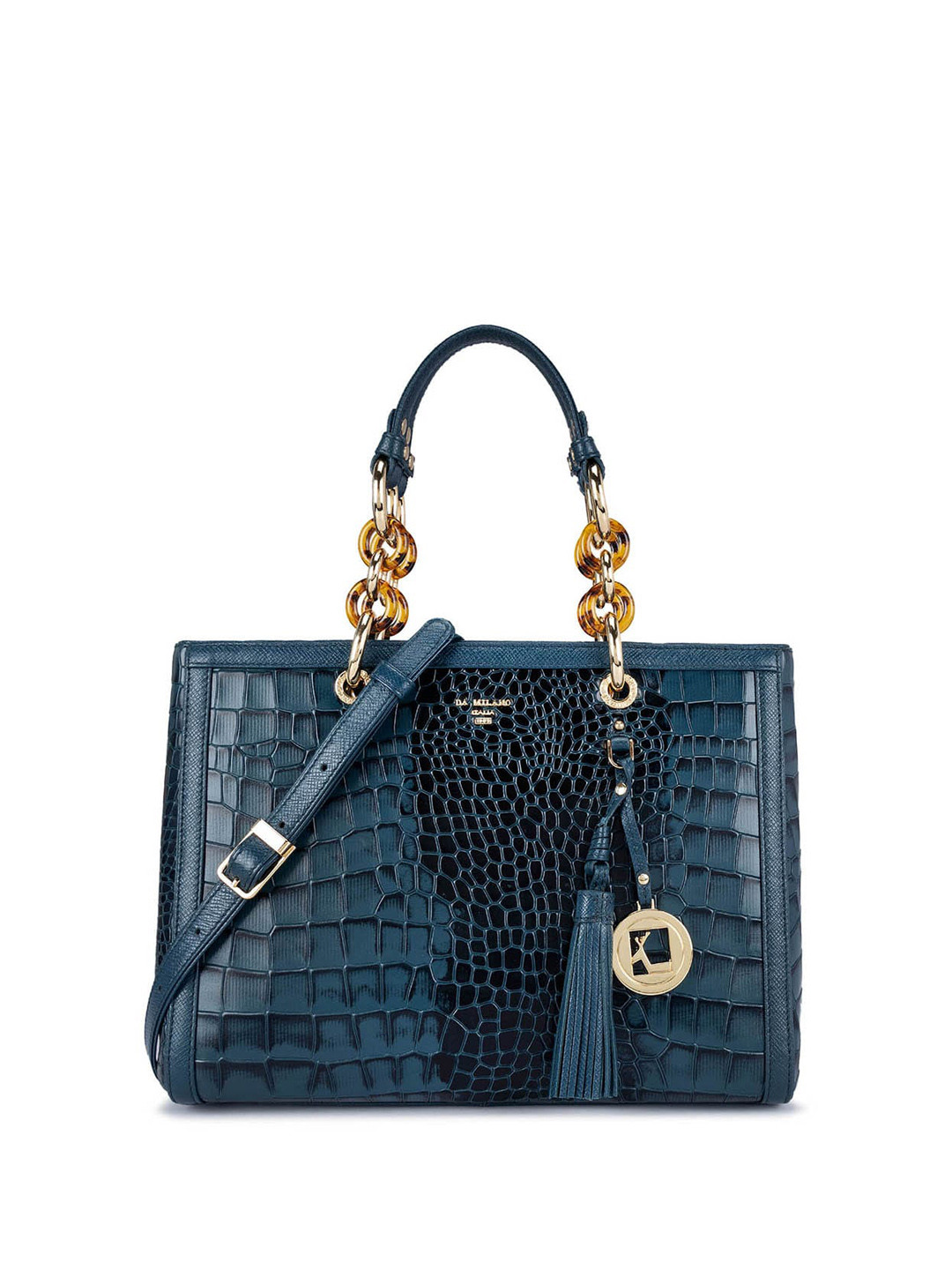 

Da Milano Textured Tasselled Detail Structured Leather Handheld Bag, Blue