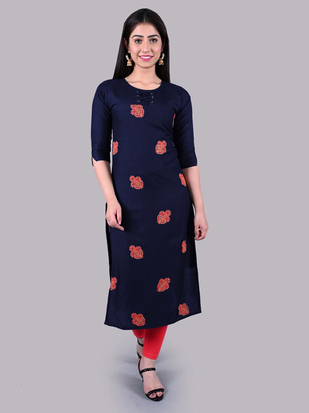 

BAESD Ethnic Motifs Printed Tie-Up Detail Straight Kurta, Navy blue