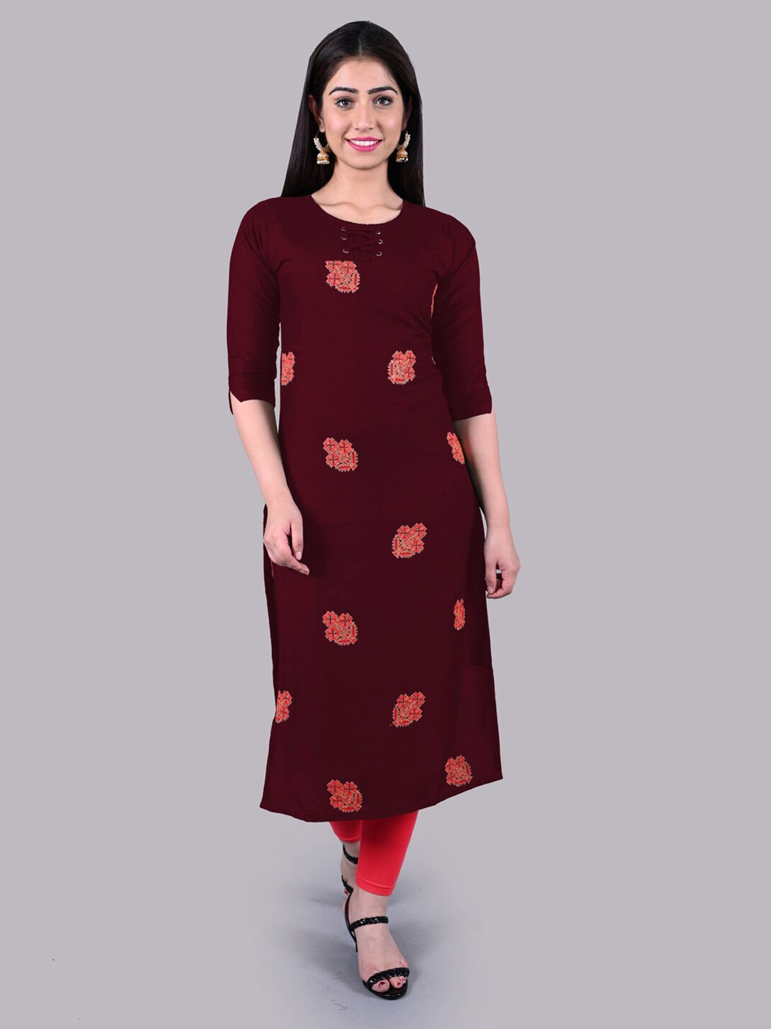 

BAESD Ethnic Motifs Printed Tie-Up Detail Straight Kurta, Maroon