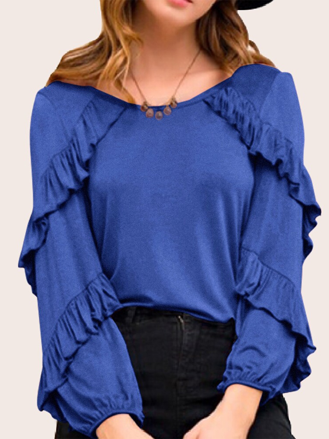 

Eyebogler Puff Sleeves Ruffles Regular Top, Blue