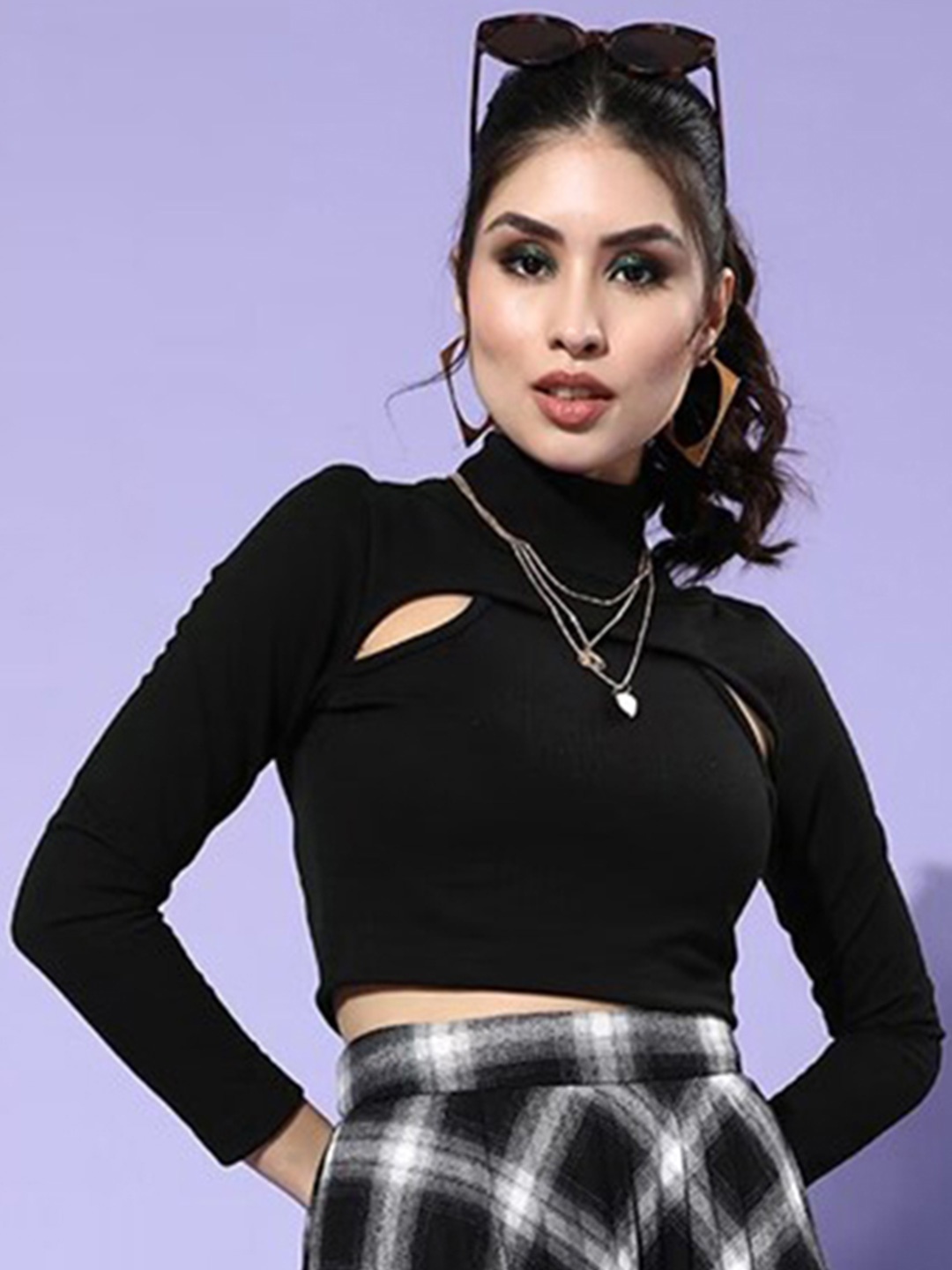 

Eyebogler High Neck Cut Out Crop Fitted Top, Black