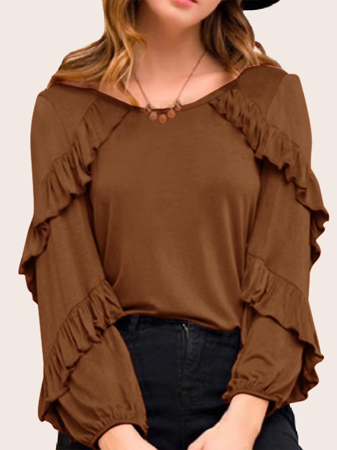 

Eyebogler Puff Sleeves Ruffles Regular Top, Brown