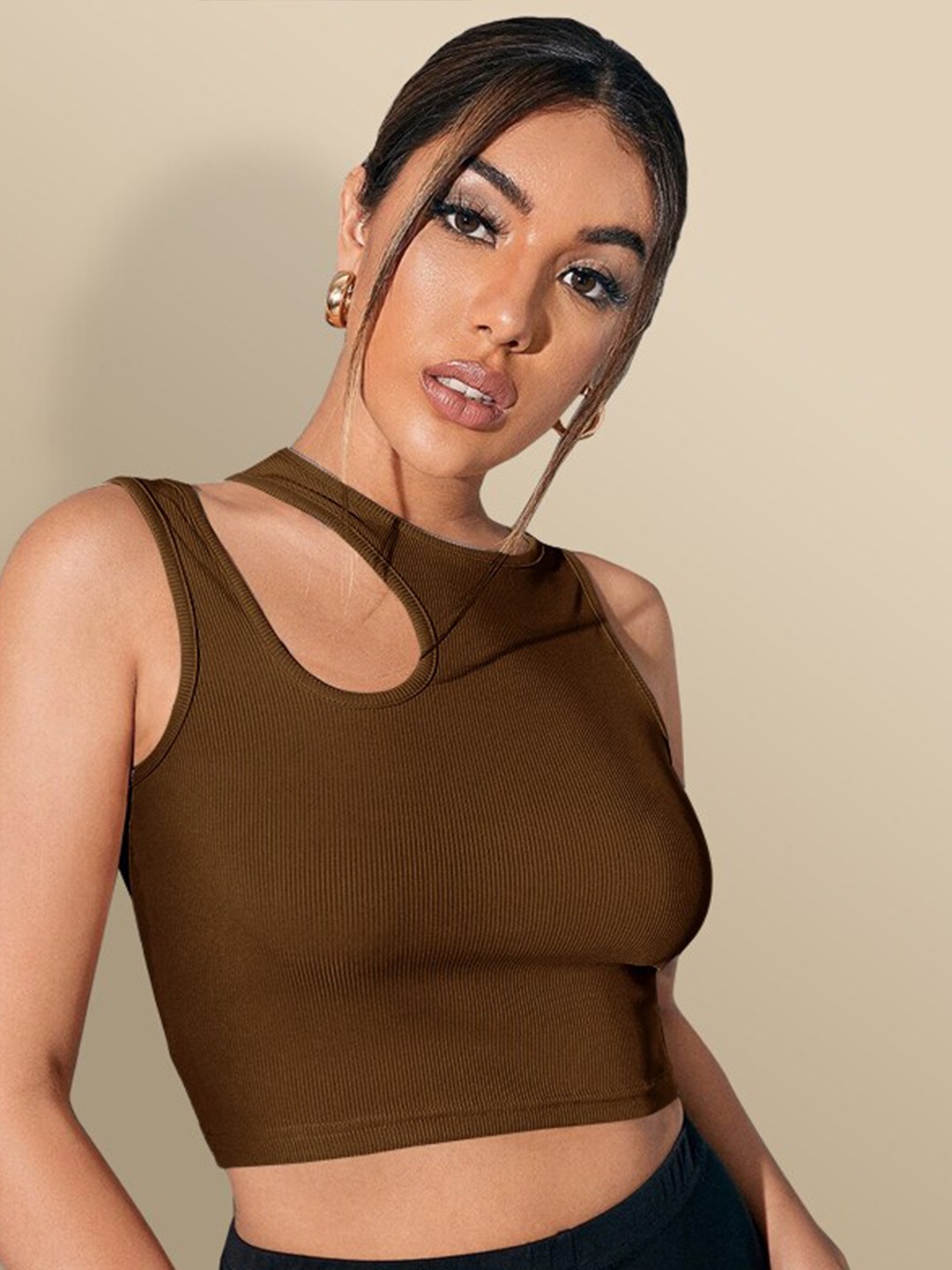 

Eyebogler Cut Out Fitted Crop Top, Brown