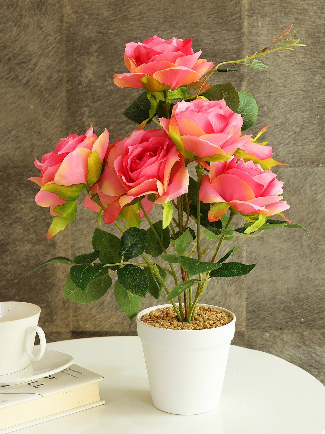

TIED RIBBONS Pink Green Artificial Rose Flowers and Plants With Pot