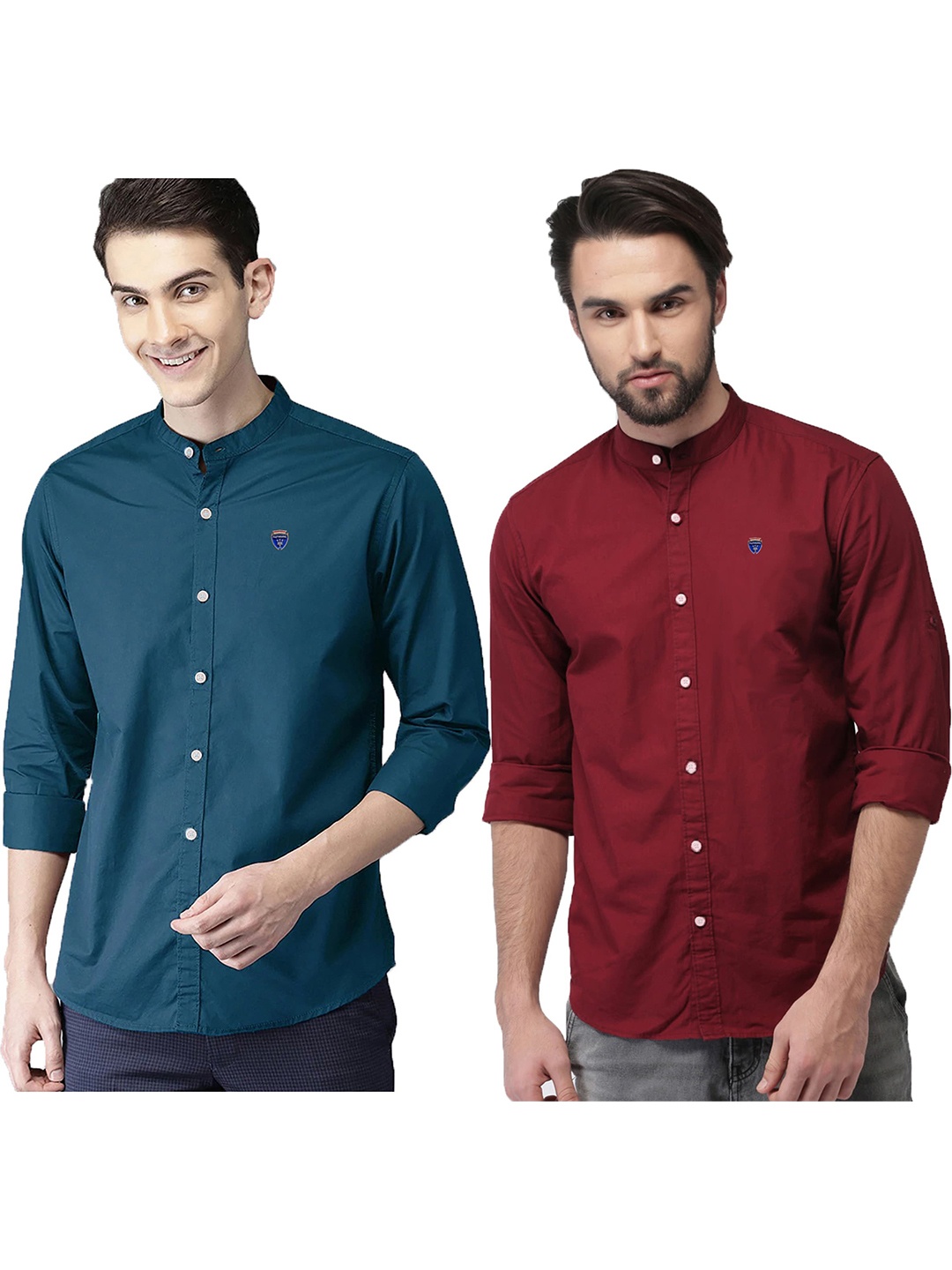 

FUBAR Pack Of 2 Slim Fit Band Collar Casual Shirt, Teal