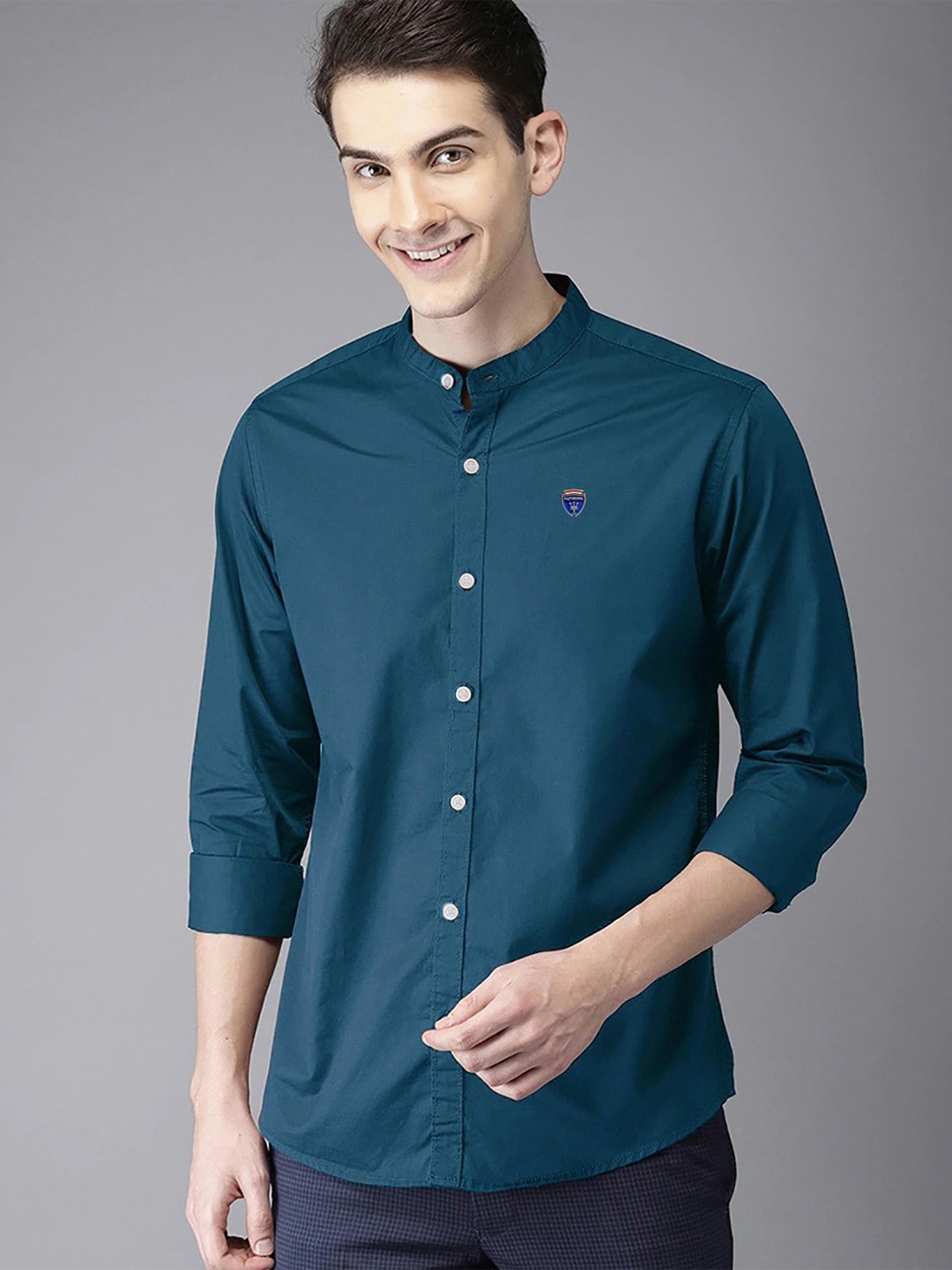 

FUBAR Slim Fit Band Collar Long Sleeves Casual Shirt, Blue