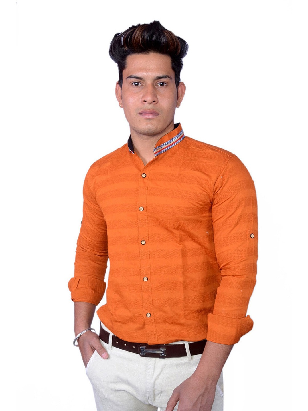 

FUBAR Striped Band Collar Slim Fit Opaque Casual Shirt, Orange