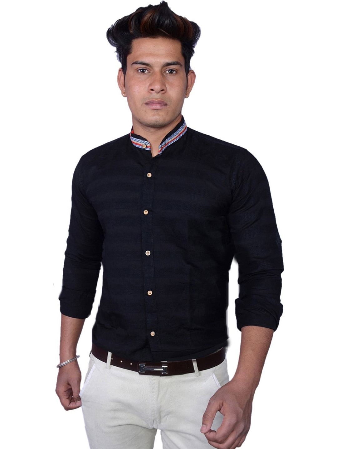 

FUBAR Slim Fit Striped Band Collar Cotton Casual Shirt, Black