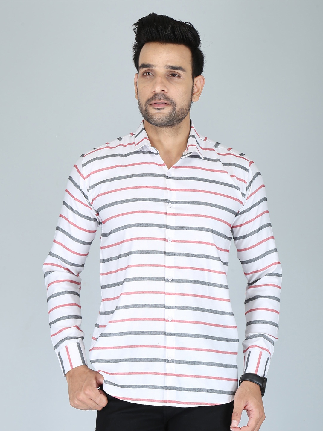 

FUBAR Slim Fit Horizontal Striped Opaque Casual Shirt, White