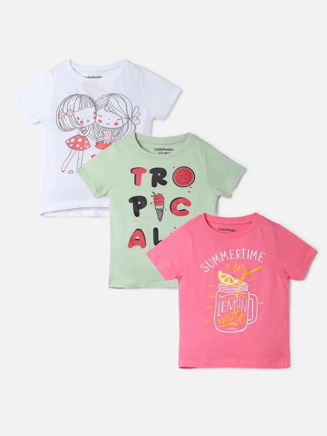 

UrbanMark Girls Pack Of 3 Graphic Printed Pure Cotton T-shirt, White
