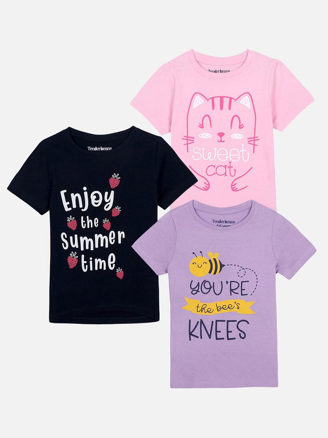 

UrbanMark Girls Pack Of 3 Typography Printed Pure Cotton T-shirt, Pink
