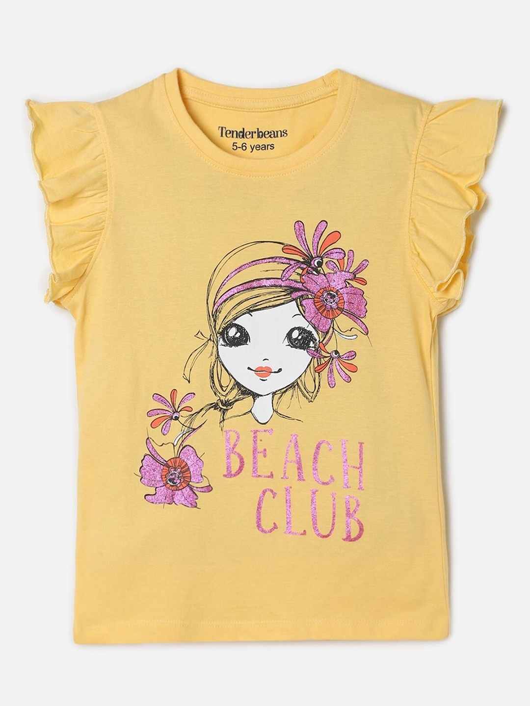 

UrbanMark Girls Graphic Printed Flutter Sleeves Pure Cotton Top, Yellow