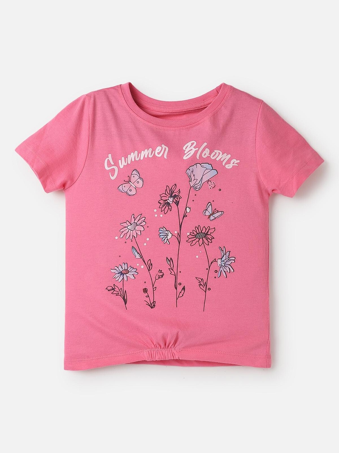 UrbanMark Girls Floral Printed Pure Cotton T-Shirt, Pink