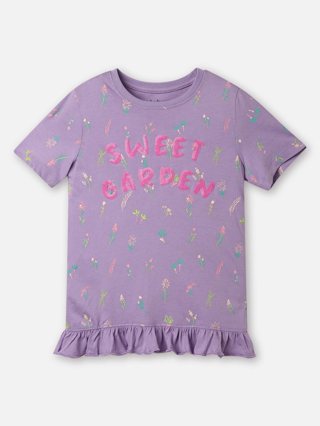 

UrbanMark Girls Floral Printed Ruffled Pure Cotton Top, Lavender