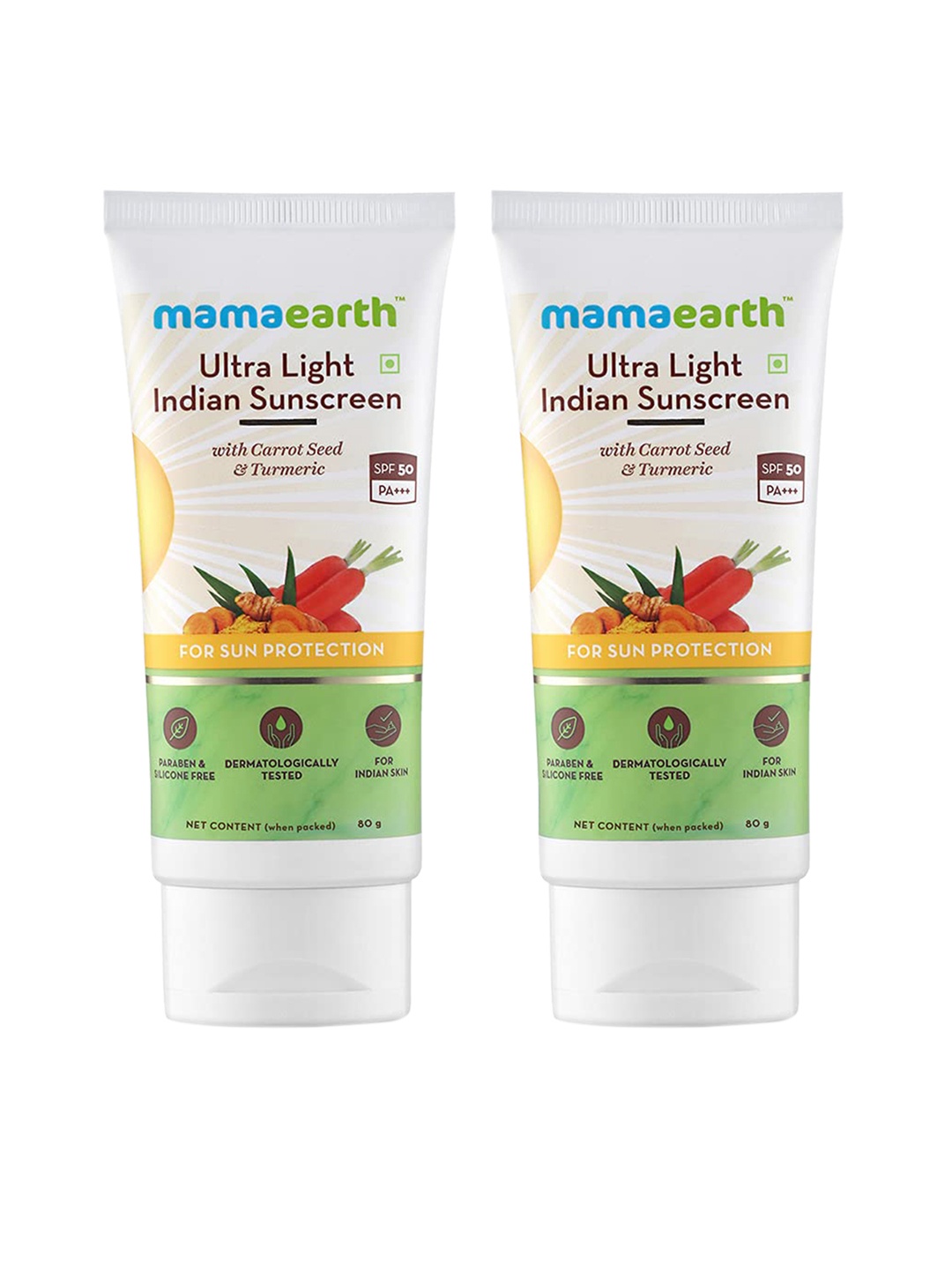 

Mamaearth Set of 2 Ultra-Light SPF 50 Indian Sunscreen with Carrot & Turmeric - 80 g each, White
