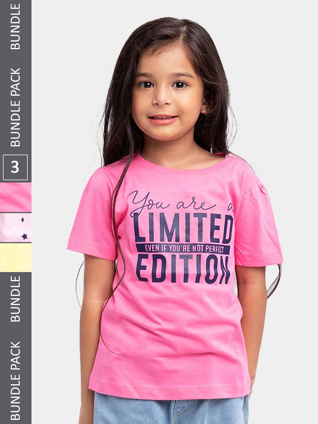 

UrbanMark Girls Pack Of 3 Typography Printed Pure Cotton T-Shirts, Pink