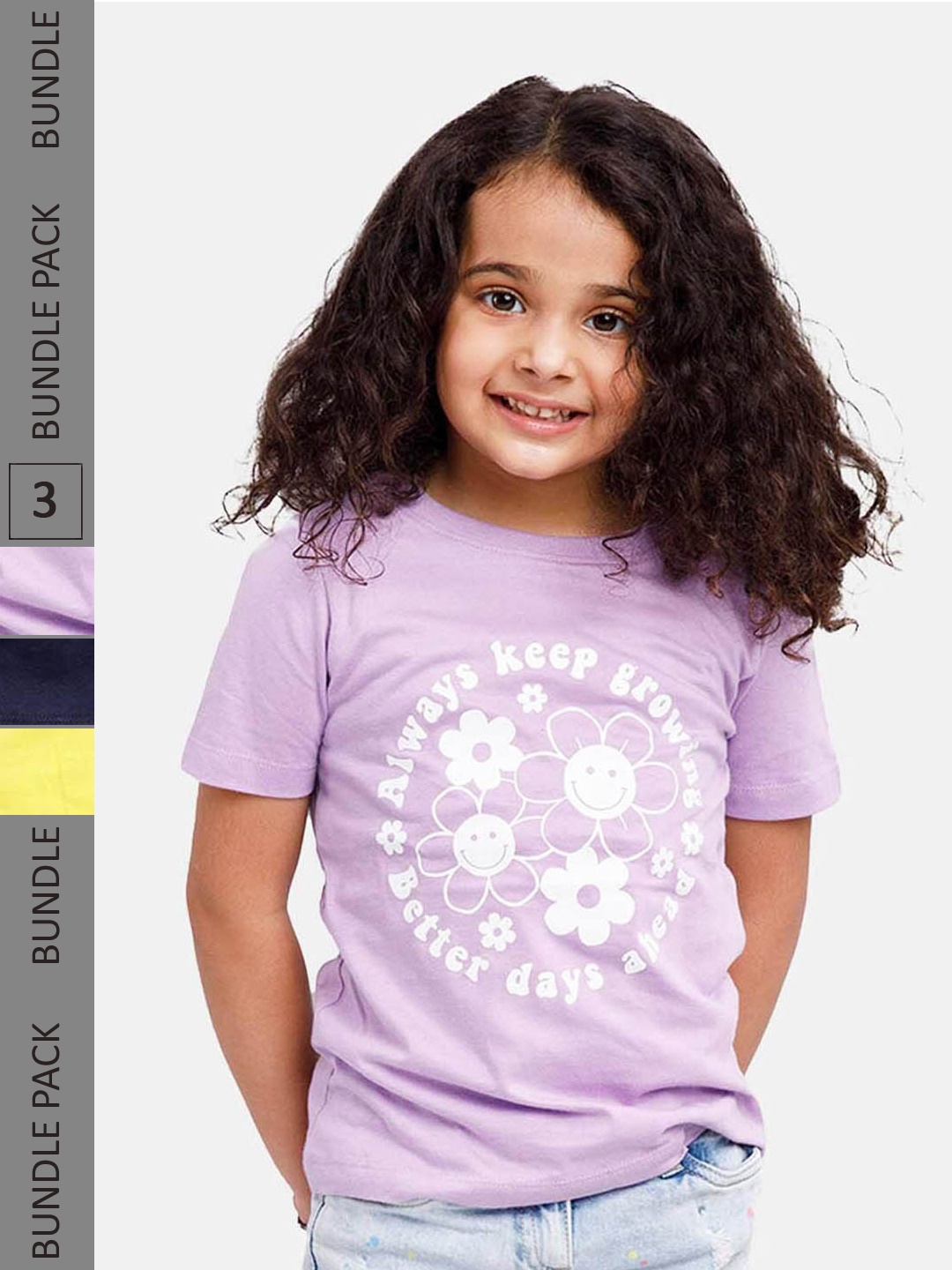 

UrbanMark Girls Pack of 3 Typography Printed Pure Cotton T-shirts, Lavender