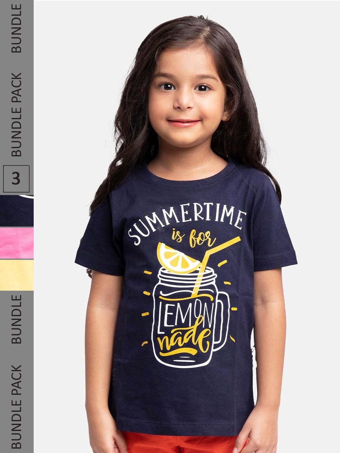 

UrbanMark Girls Pack of 3 Typography Printed Pure Cotton T-shirts, Navy blue