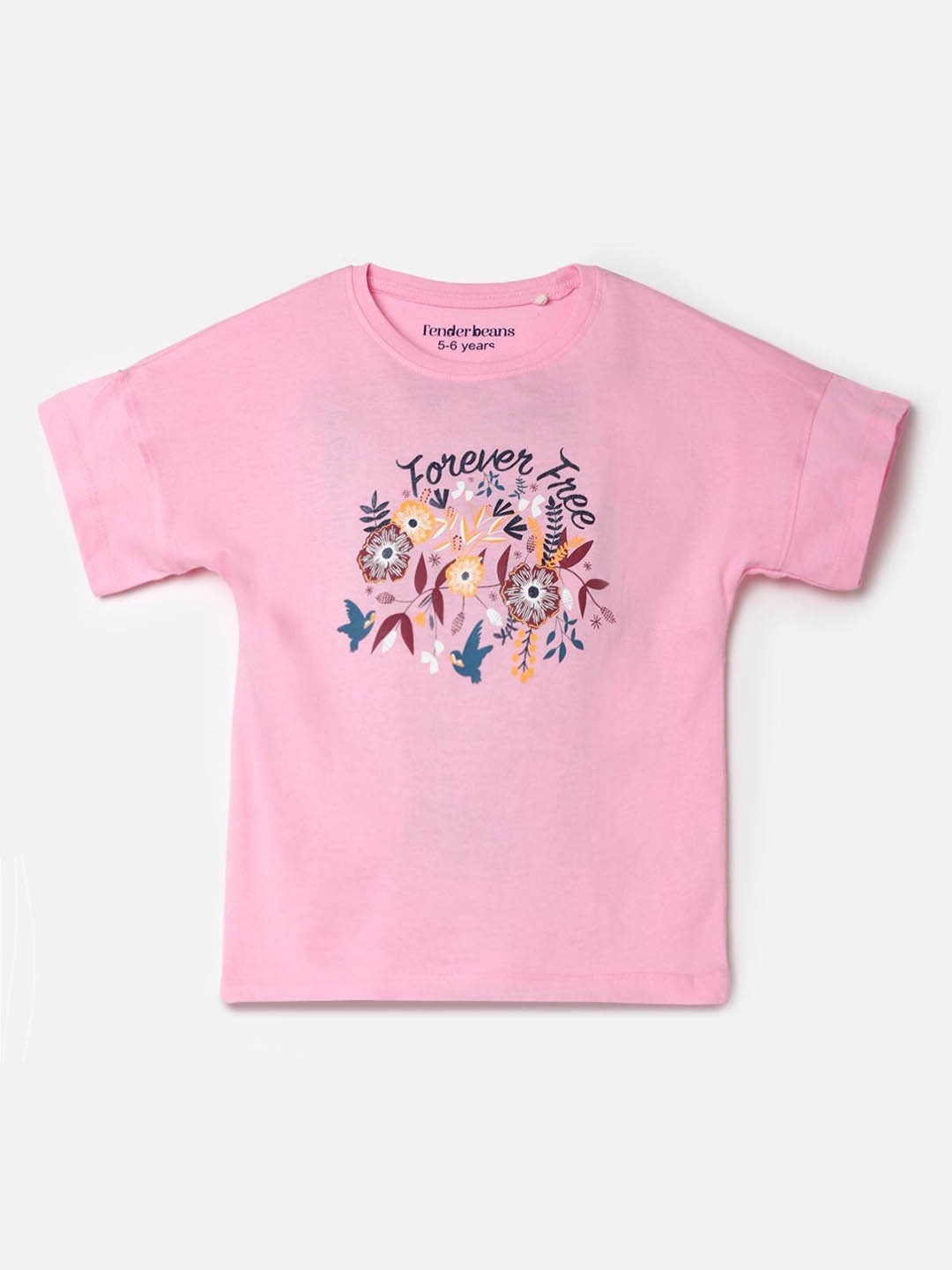 

UrbanMark Girls Floral Printed Drop Shoulder Sleeves Pure Cotton T-shirt, Pink