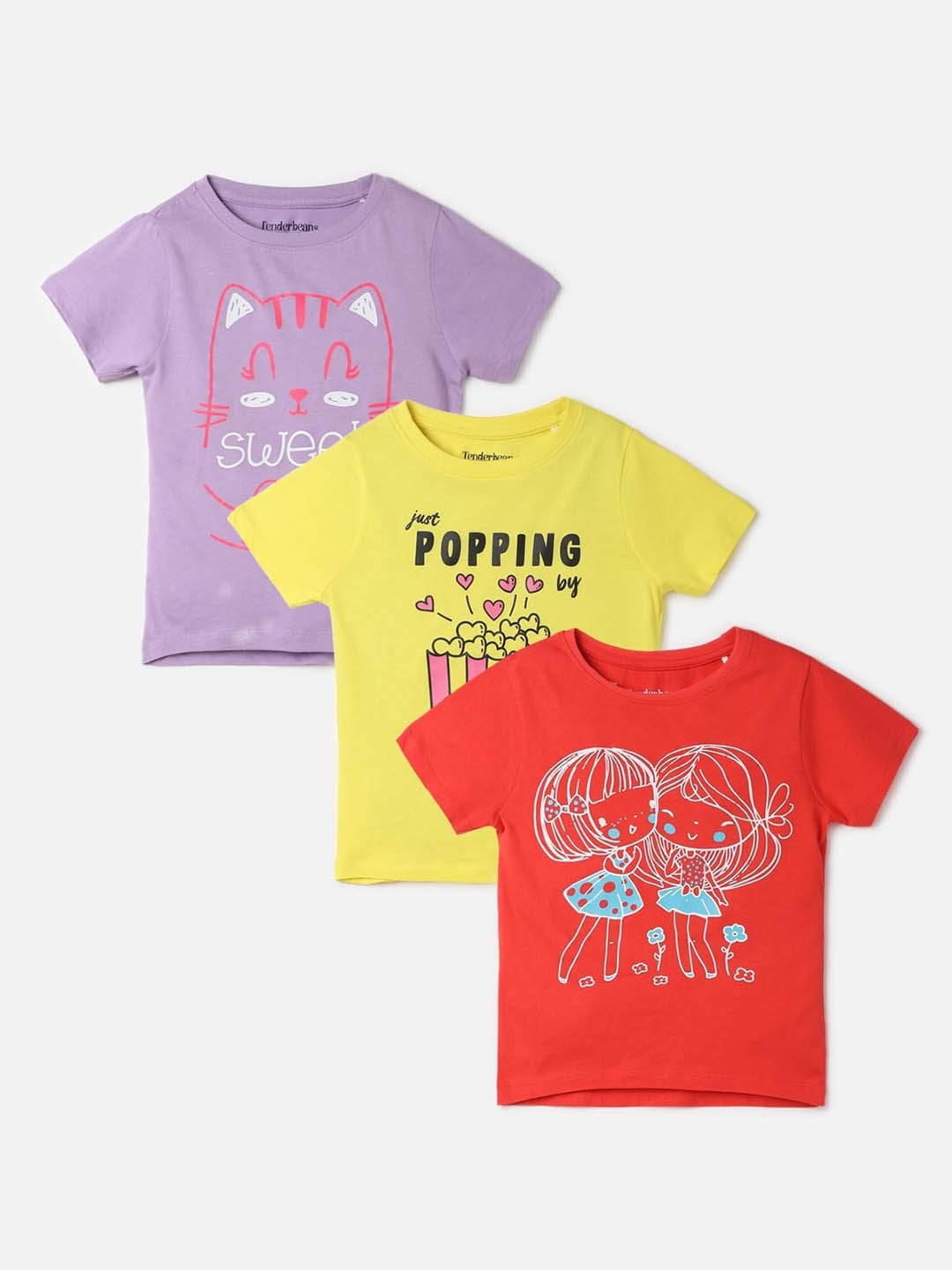 

UrbanMark Girls Pack of 3 Graphic Printed Pure Cotton T-shirts, Purple