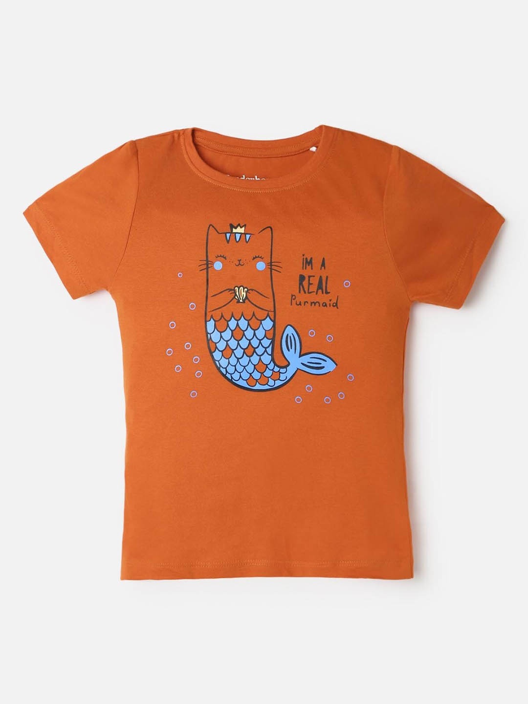 

UrbanMark Girls Graphic Printed Pure Cotton T-Shirt, Orange
