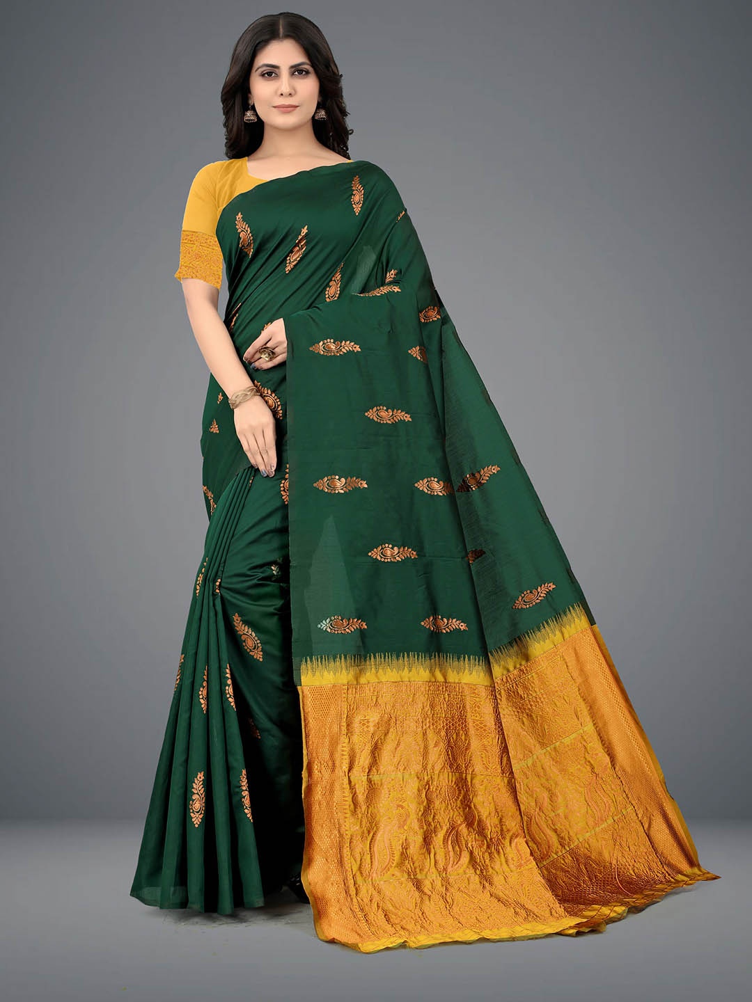 

Om Shantam Sarees Ethnic Motifs Woven Design Zari Banarasi Saree, Green