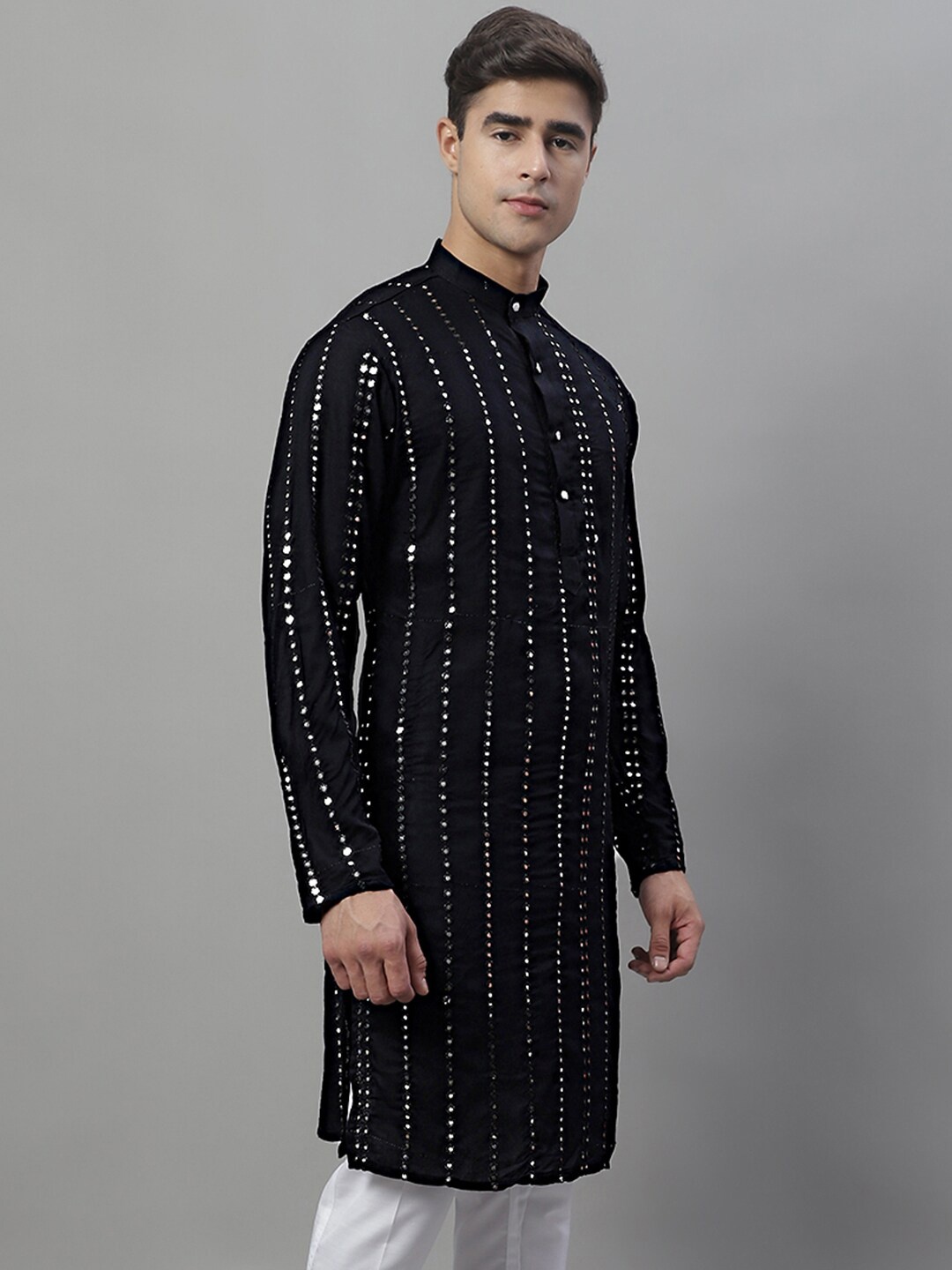 

Jompers Striped Band Collar Thread Work Straight Kurta, Black