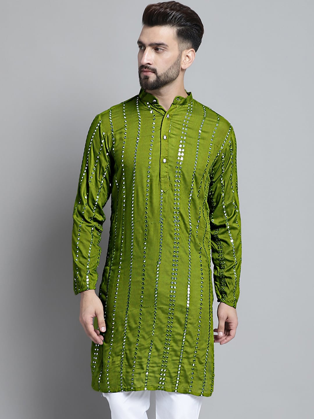 

Jompers Striped Band Collar Thread Work Straight Kurta, Olive