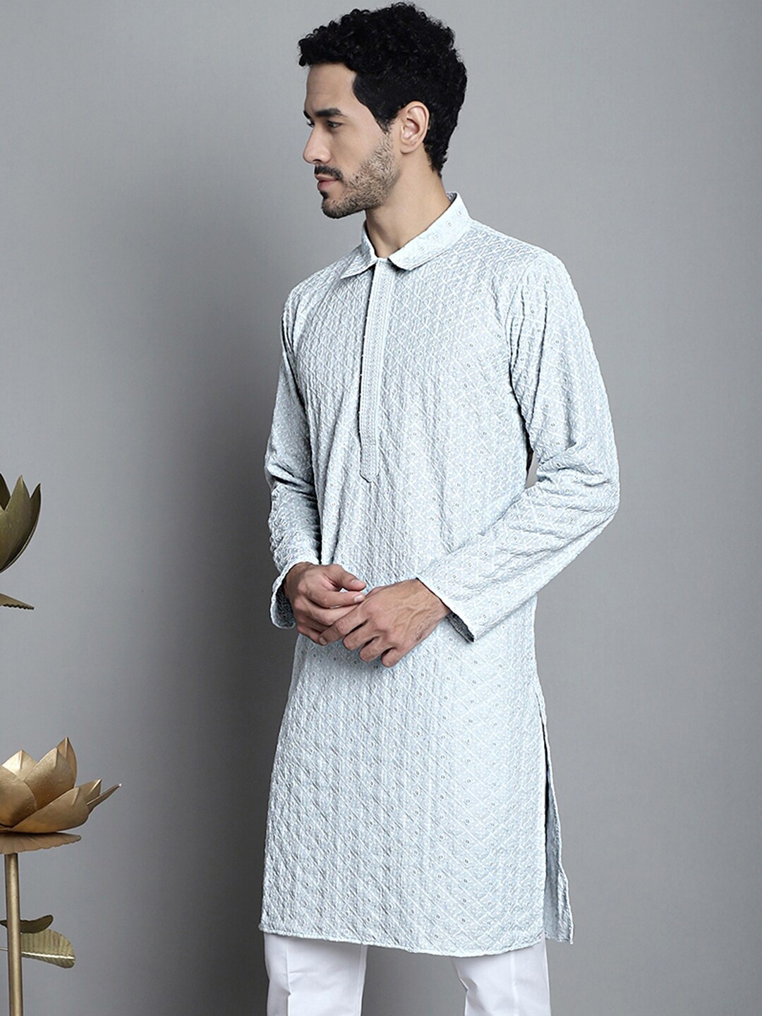 

Jompers Ethnic Motif Embroidered Shirt Collar Thread Work Kurta, Blue