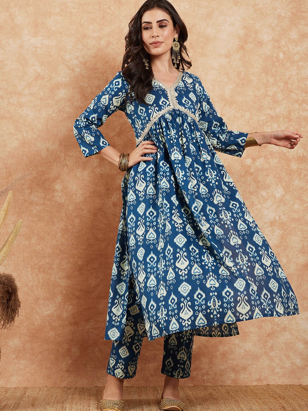 

InWeave Blue Ethnic Motifs Printed Gotta Patti Empire Pure Cotton Kurta With Trousers