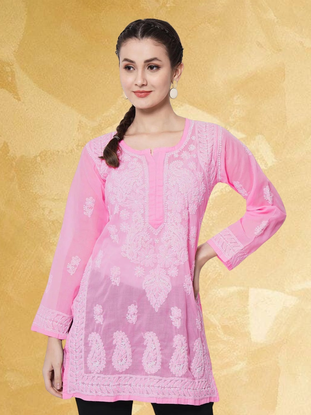 

PARAMOUNT CHIKAN Women Embroidered Lucknowi Chikankari Cotton Kurti, Pink