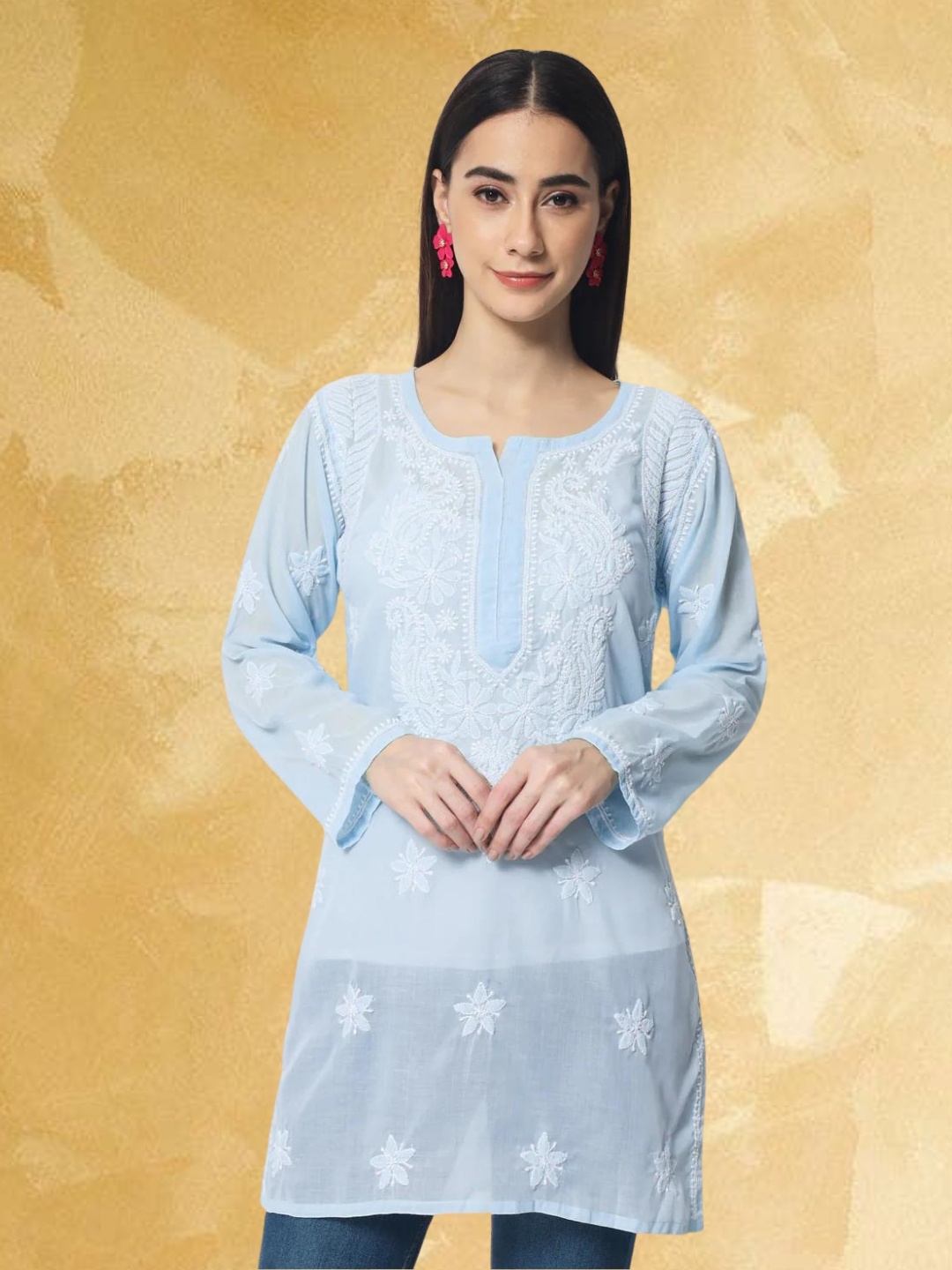 

PARAMOUNT CHIKAN Women Embroidered Lucknowi Chikankari Cotton Kurti, Blue