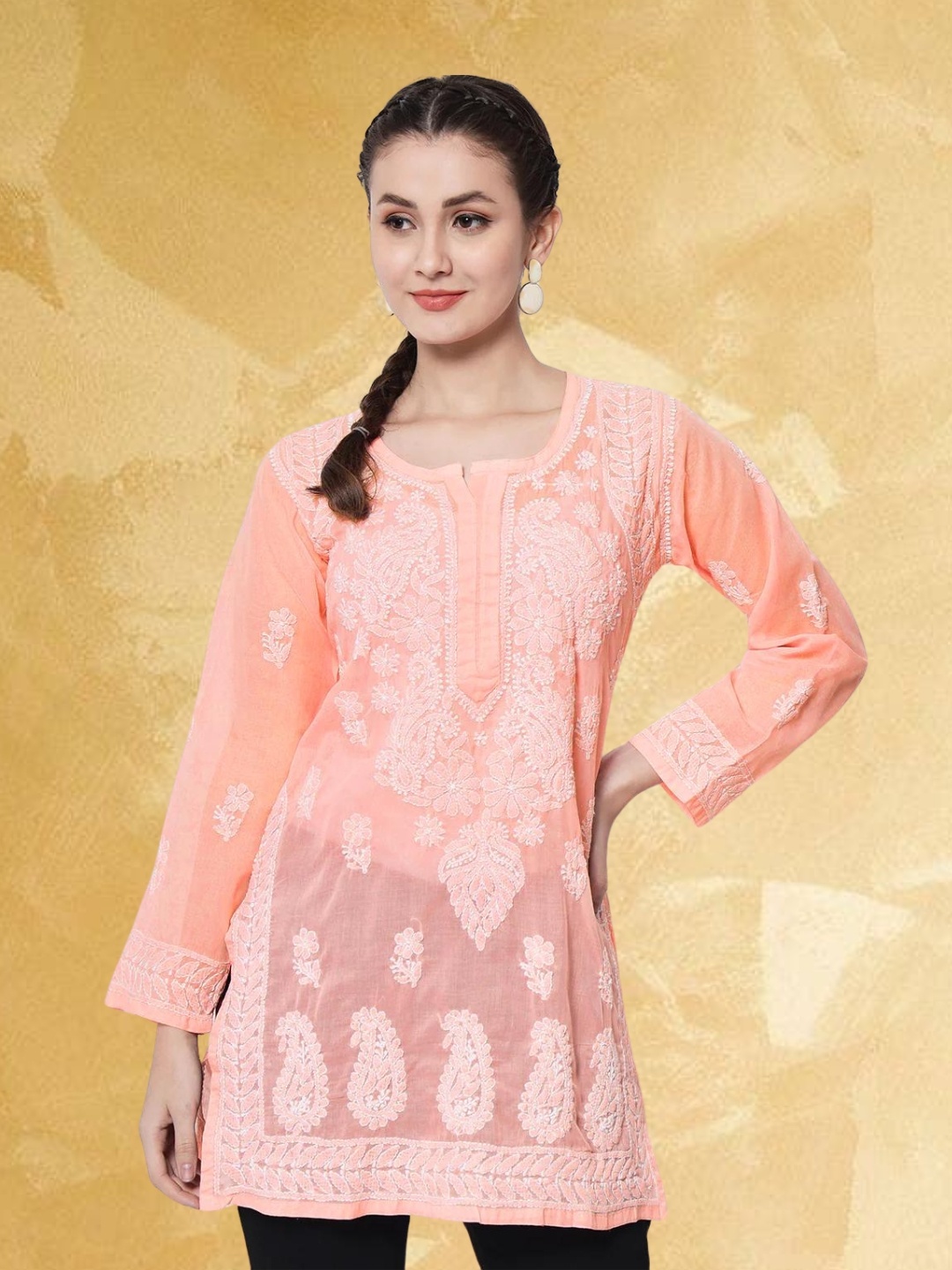 

PARAMOUNT CHIKAN Women Embroidered Lucknowi Chikankari Cotton Kurti, Peach