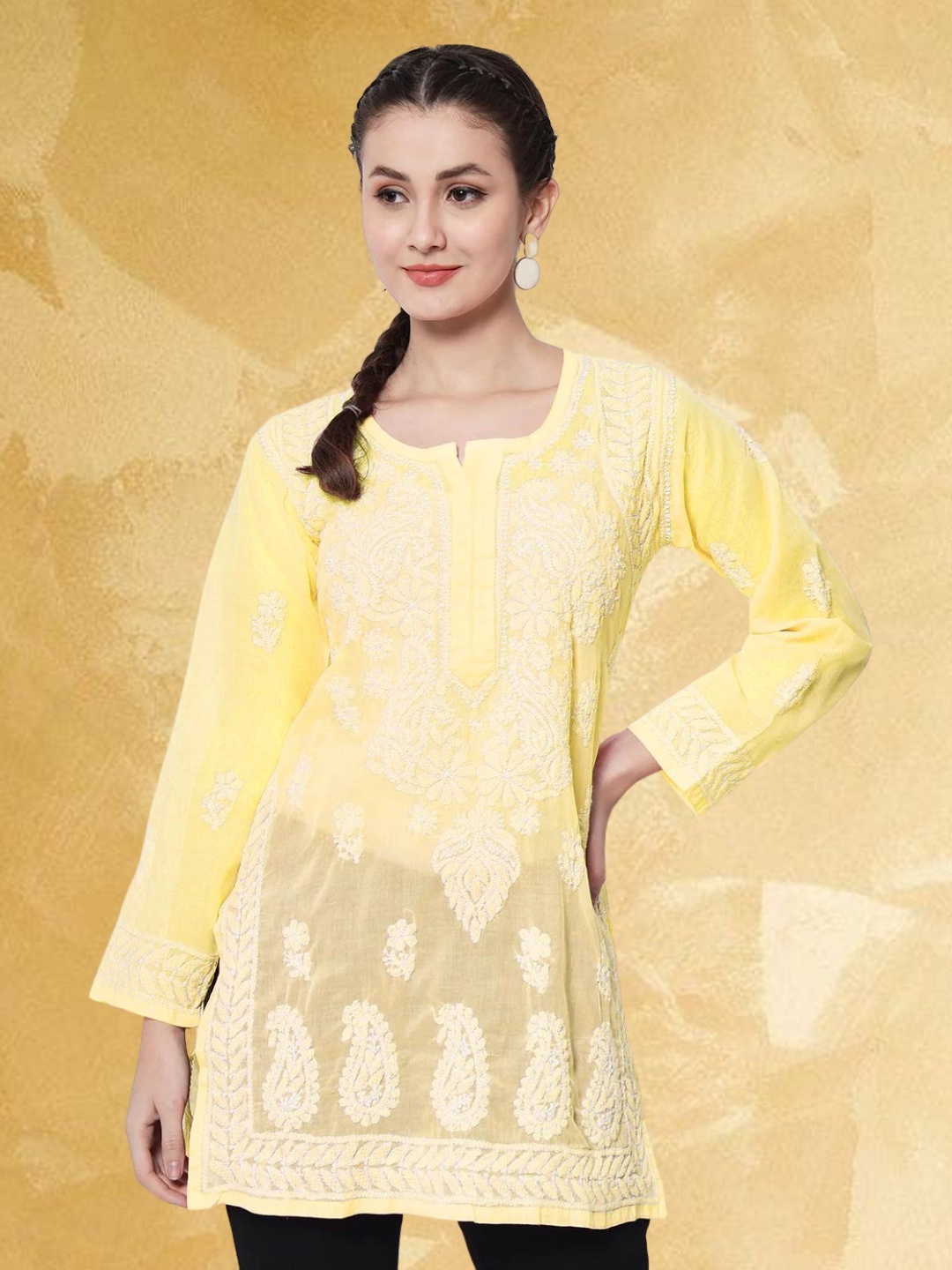 

PARAMOUNT CHIKAN Women Embroidered Lucknowi Chikankari Cotton Kurti, Yellow