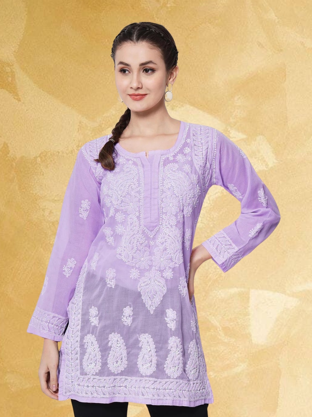 

PARAMOUNT CHIKAN Women Embroidered Lucknowi Chikankari Cotton Kurti, Purple