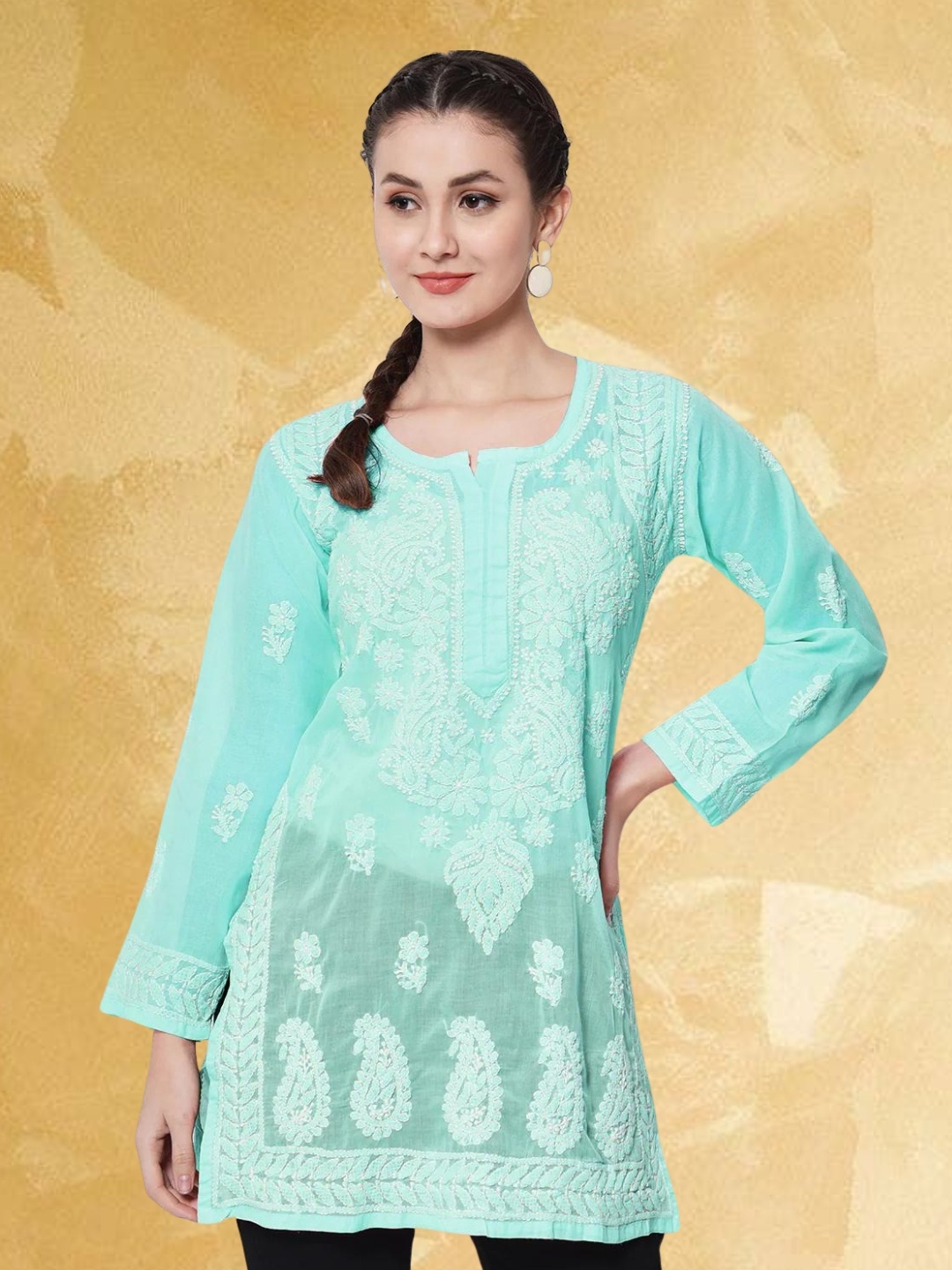 

PARAMOUNT CHIKAN Women Embroidered Lucknowi Chikankari Cotton Kurti, Sea green