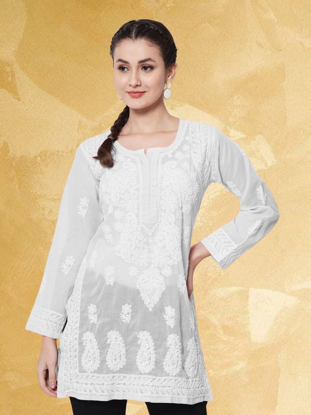 

PARAMOUNT CHIKAN Women Embroidered Lucknowi Chikankari Cotton Kurti, White