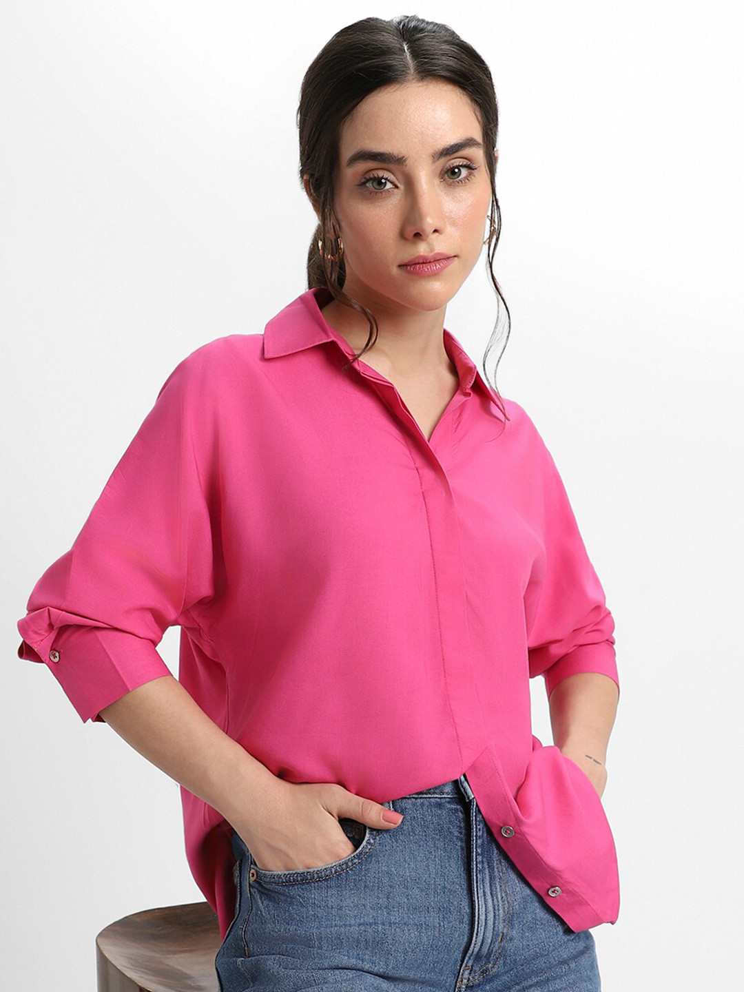 

DL Woman Spread Collar Casual Shirt, Pink