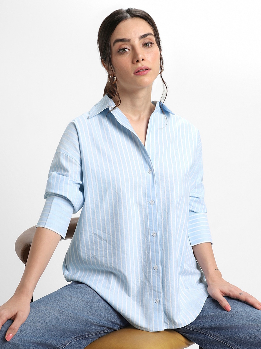 

DL Woman Oversized Vertical Stripes Pure Cotton Oxford Casual Shirt, Blue